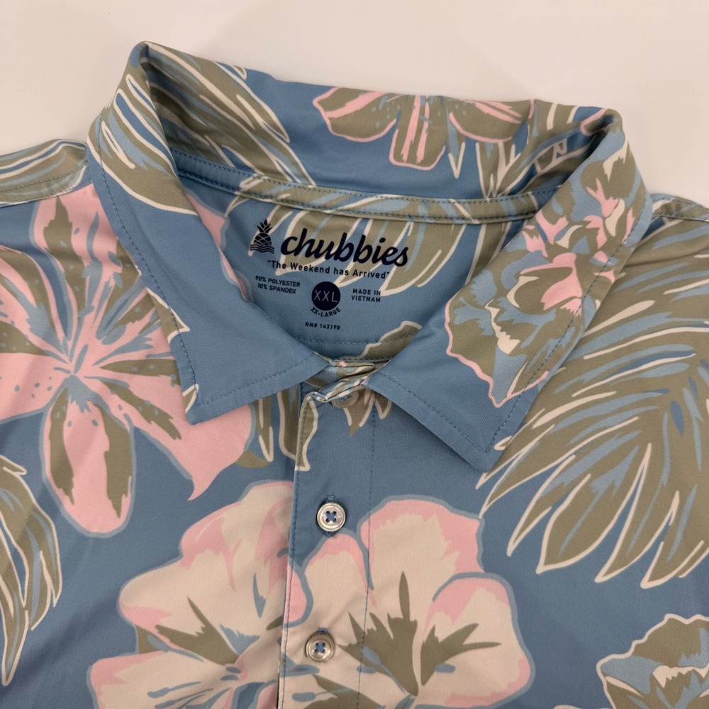 Chubbies Performance Polo Men XXL Blue Pink Floral Tropical Stretch Short Sleeve